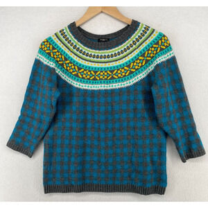 TALBOTS Sweater Mp Fair Isle Check Lambswool Jumper 3/4 Sleeve Pullover Blue